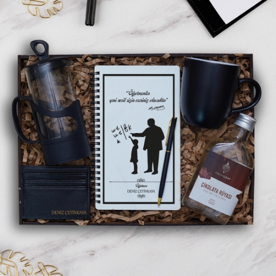 Öğretmenler Günü & Frenchpres , Kişiye Özel Defter, Kalem, Kartlık, Kupa Bardak, 200ml Kolonya resmi
