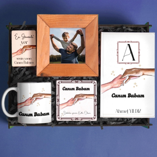 Canım Babam Kupa ve Defterli Ahşap Hediye Kutusu resmi