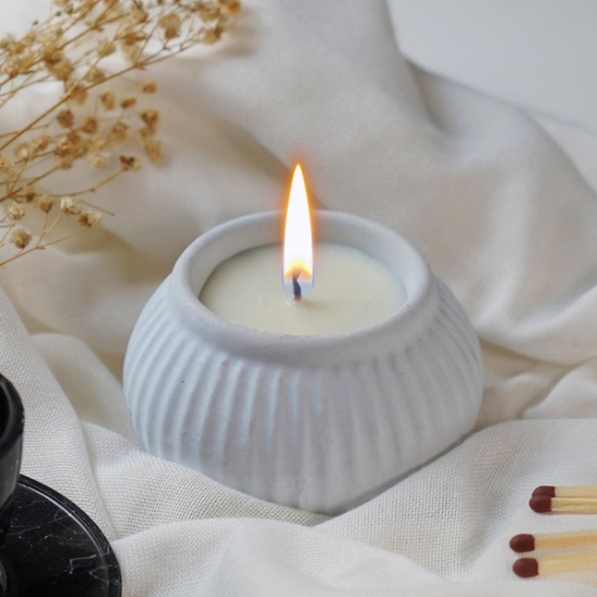 Candleaf Beton Çizgili Yuvarlak Mum - Mavi