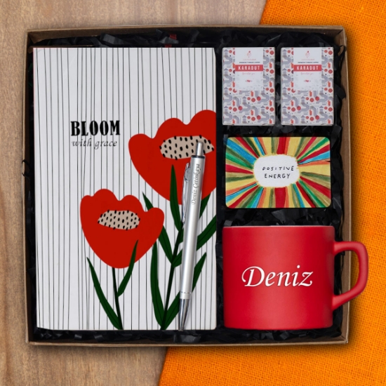 Kişiye Özel Çay / Nescafe Finanı, Tasarımlı Defter, Kalem, Aroalı Türk Kahvesi, Magnet Hediye Seti