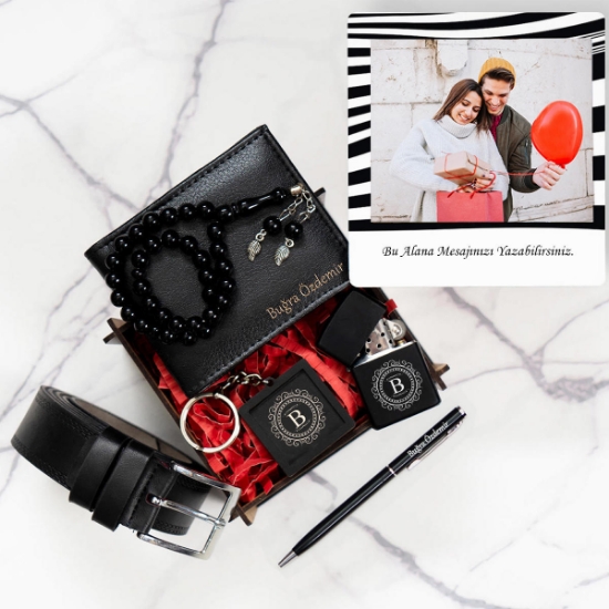 Kişiye Özel Fotoğraflı ve Mesajlı Ahşap Kutulu Cüzdan Çakmak Tespih Kemer Anahtarlık Erkek Aksesuar Seti resmi
