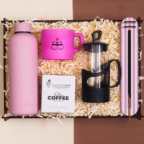 Premium Kahve Sever Hediye Kutusu & Pembe Termos, Kupa Bardak, French press, Kahve, Tütsü