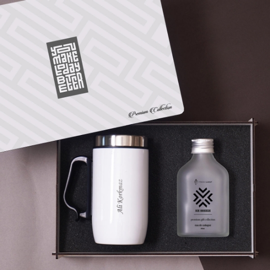 Premium Hediye Seti – Ahşap Kutuda Beyaz Termos Mug & Cam Şişe Kolonya