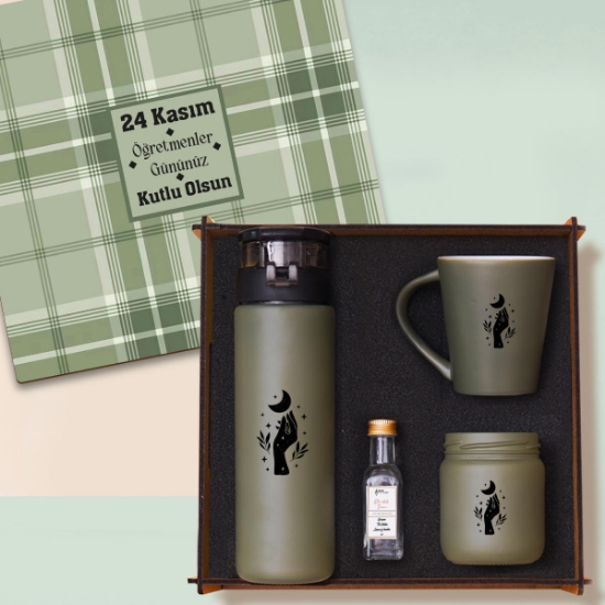 Öğretmene Hediye - Woody Collection Hediye Seti | Cam Suluk, Kupa Bardak, Mum, Kolonya resmi