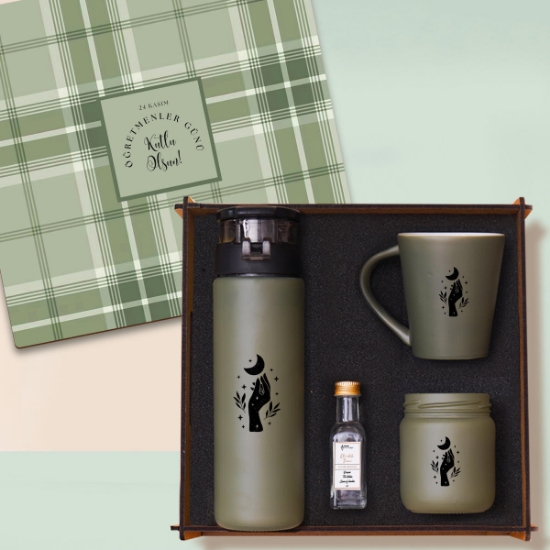 Öğretmene Hediye - Woody Collection Hediye Seti | Cam Suluk, Kupa Bardak, Mum, Kolonya resmi