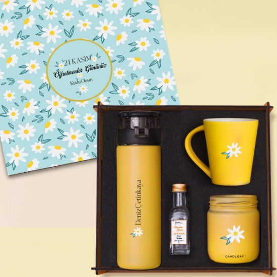 Woody Collection Öğretmenler Günü Hediye Seti | Cam Suluk, Kupa Bardak, Mum, Kolonya -Sarı