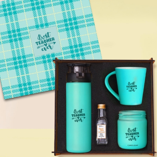 Woody Collection Öğretmenler Günü Hediye Seti | Cam Suluk, Kupa Bardak, Mum, Kolonya - Mavi