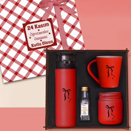 Öğretmene Hediye - Woody Collection Hediye Seti | Cam Suluk, Kupa Bardak, Mum, Kolonya - Kırmızı resmi