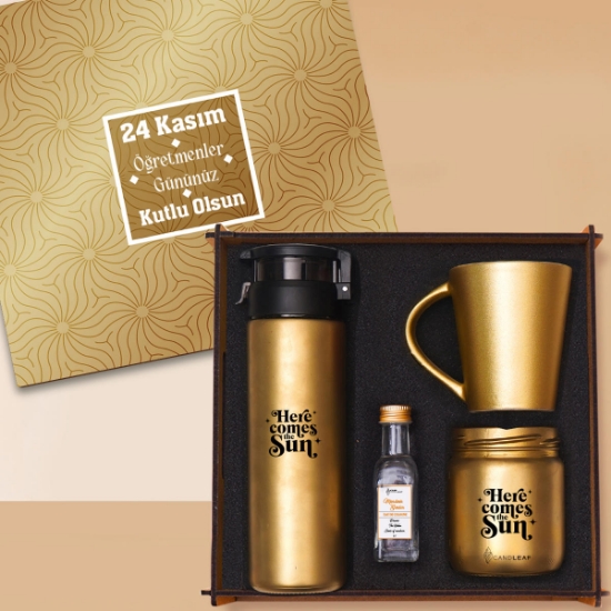 Öğretmene Hediye - Woody Collection Hediye Seti | Cam Suluk, Kupa Bardak, Mum, Kolonya - Gold Renkli resmi