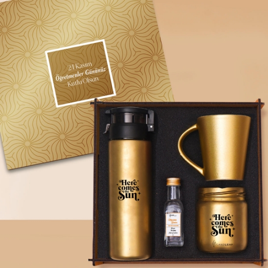 Öğretmene Hediye - Woody Collection Hediye Seti | Cam Suluk, Kupa Bardak, Mum, Kolonya - Gold Renkli