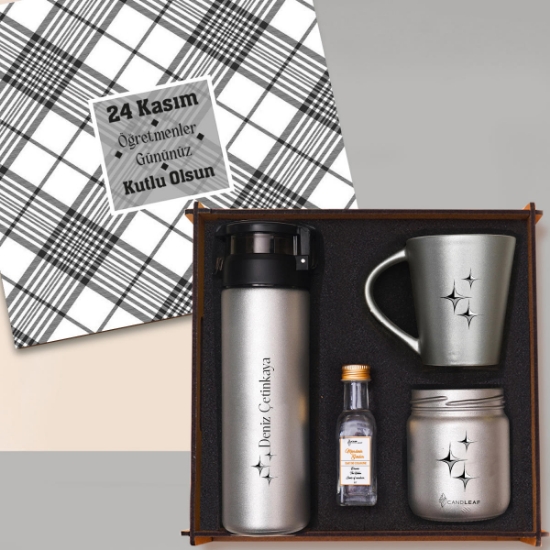 Öğretmenler Günü - Woody Collection Hediye Seti | Cam Suluk, Kupa Bardak, Mum, Kolonya - Gümüş Renk resmi