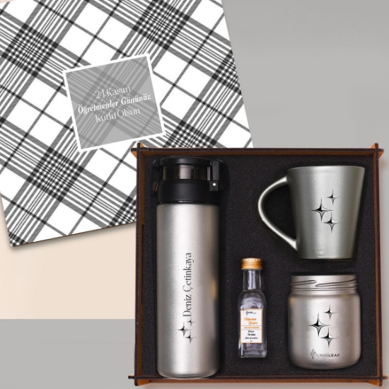 Öğretmenler Günü - Woody Collection Hediye Seti | Cam Suluk, Kupa Bardak, Mum, Kolonya - Gümüş Renk