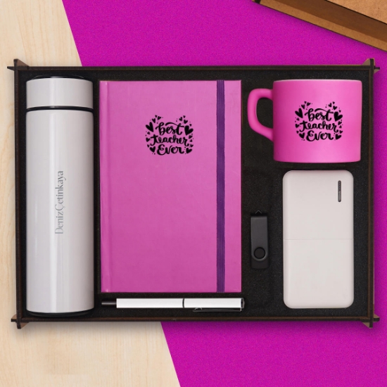 Öğretmene Hediye Premium Hediye Seti & Dereceli Termos, Powerbank, USB Bellek, Defter, Kalem, Kupa Bardak