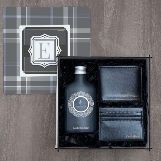 Ahşap Kutusunda Erkek Hediye Seti, Kişiye Özel Cüzdan & Kartlık Seti, 200ML Tasarımlı Cam Şişe Çıkolata Kolonyası,