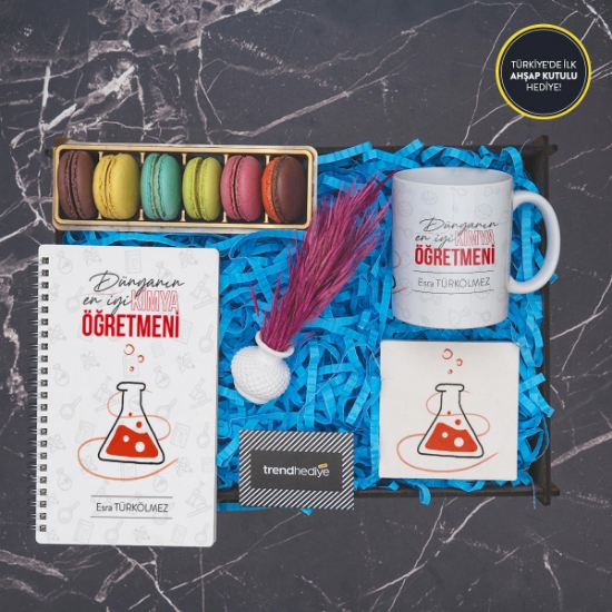 Kimya Öğretmeni Defter, Kupa, Makaron, Bardak Altı, Masa Çiçeği, Ahşap Hediye Kutusu