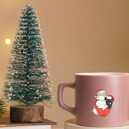 Yeni Yıl Hediyesi 2’li Set Kahve Renkli Kupa Bardak 220ml ve Mini Çam Ağacı 17cm