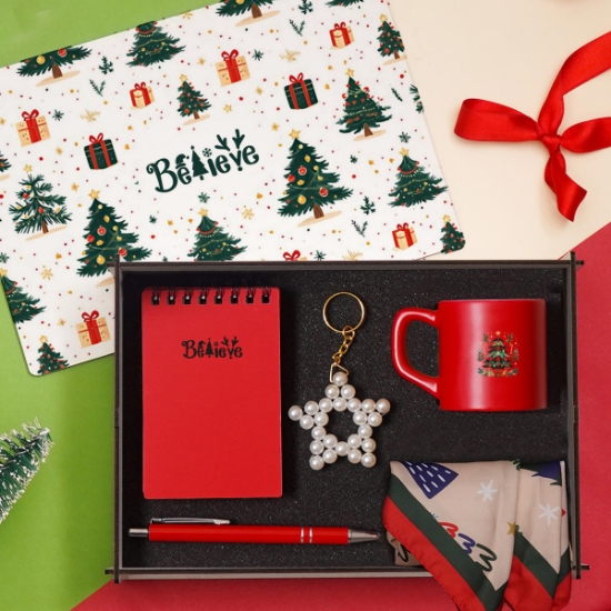 2026 Yeni Yıl Hediye Seti – Ahşap Kutu, Defter, Anahtarlık ve Fincan, Kadın Fular resmi