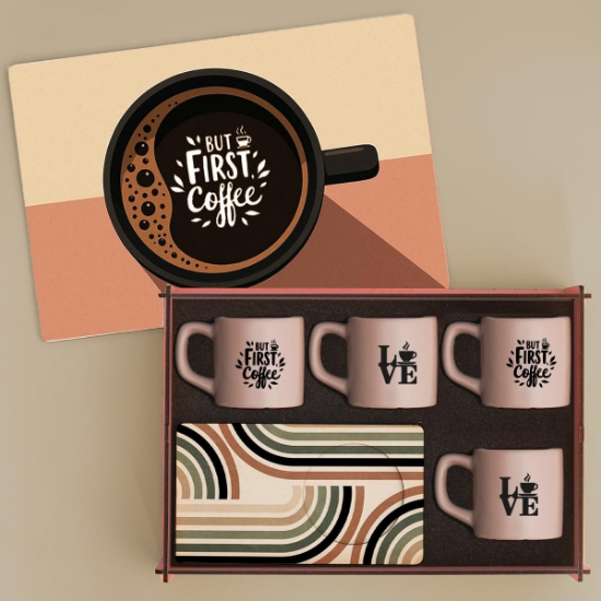 Kahve Sever Tasarımlı Sürekli Kullanılabilir Ahşap Kutuda 4’lü Türk Kahvesi Fincan Takımı