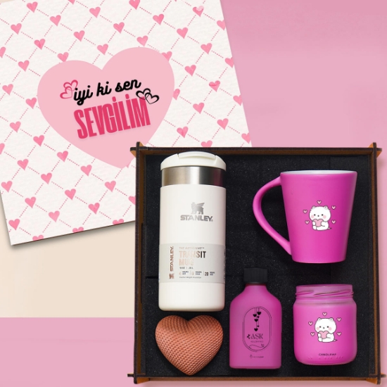 Stanley Termos, Pembe Kupa,  Biblo, Kolonya, Mum, İyi Ki Sen sevgilim Tasarımlı Ahşap Kutu
