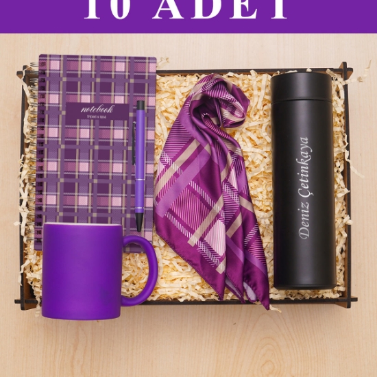 Kadınlar Günü 10’lu Hediye Seti | Kişiye Özel Termoslu Ahşap Kutu, Kupa, Defter, Fular resmi