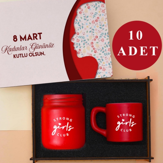 Kadınlar Günü 10’lu Set |Ahşap Anı Kutusu, Kahve Fincanı ve Kokulu Mum Seti- Kırmızı resmi