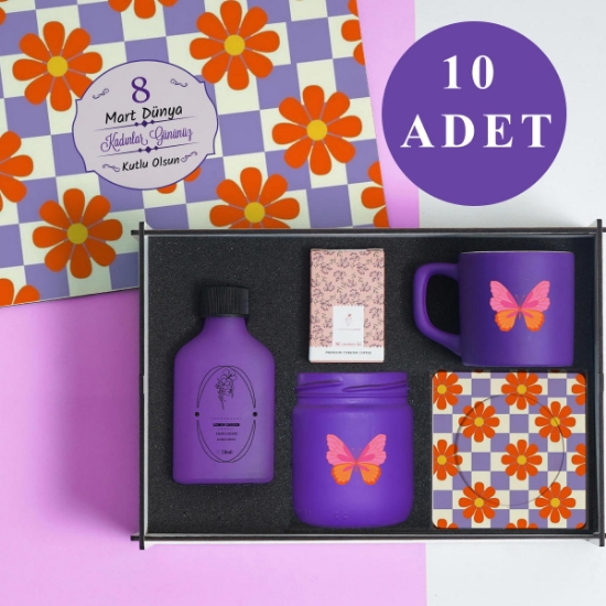 Kadınlar Günü 10’lu Set |  Tasarımlı Ahşap Kutuda, Kolonya, Mum, Kahve, Fincan Ve Altlığı resmi