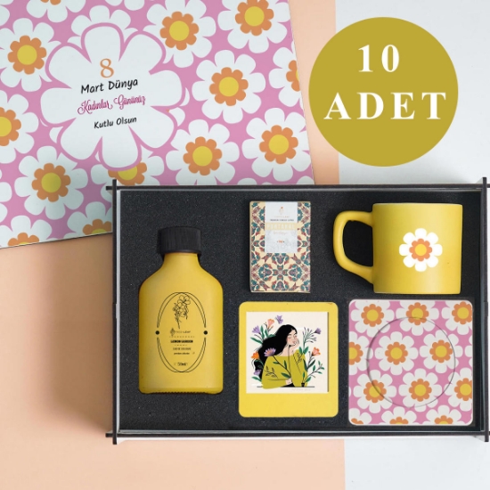 Kadınlar Günü 10’lu Set |  – Kolonya, Türk Kahvesi, Fincan ve Çerçeveli Şık Hediye Seti resmi