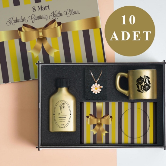 Kadınlar Günü 10’lu Set |– Kolonya, Kolye ve Türk Kahvesi Fincanı Şık Hediye Seti resmi