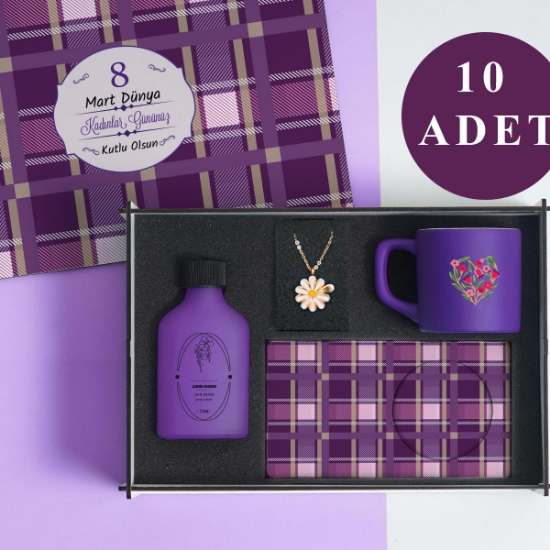 Kadınlar Günü 10’lu Set | – Kolonya, Kolye, Kahve Fincanı, MOR Şık Hediye Seti resmi