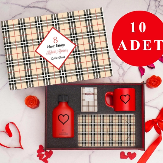 Kadınlar Günü 10’lu Set |  Dekoratif Ahşap Kutu, Sunumlu Kahve Fincanı, Kolonya, Kahve resmi