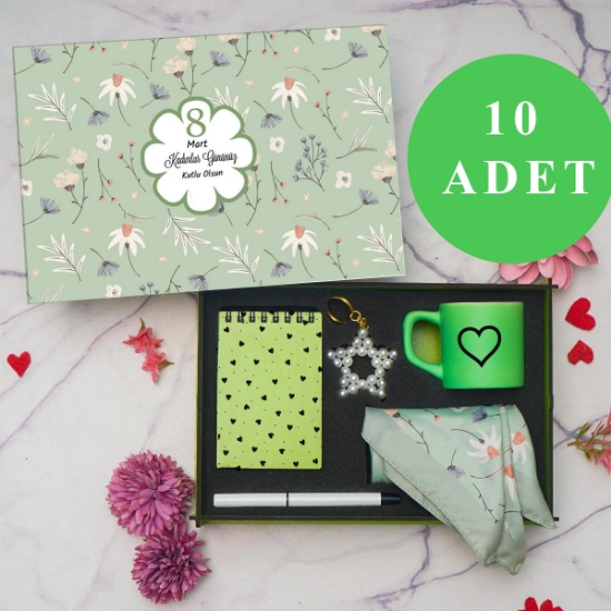 Kadınlar Günü 10’lu Set |  Fincan, Defter, Kalem, Anahtarlık, Fular, resmi