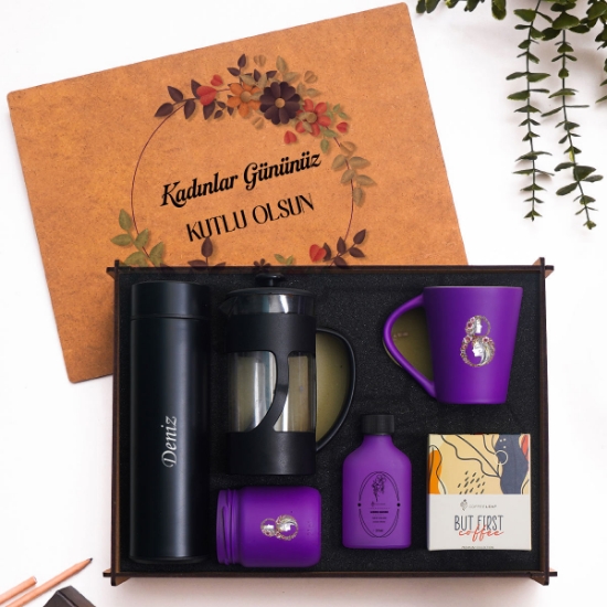 Kahve Sever Kadınlar Günü Premium Hediye Seti – French Press, Kahve ve Kupa - Mor