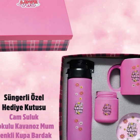 You Grow Girl Hediye Seti – Cam Suluk, Kupa, Kokulu Mum, Bardak Altlığı, Özel Kutulu resmi