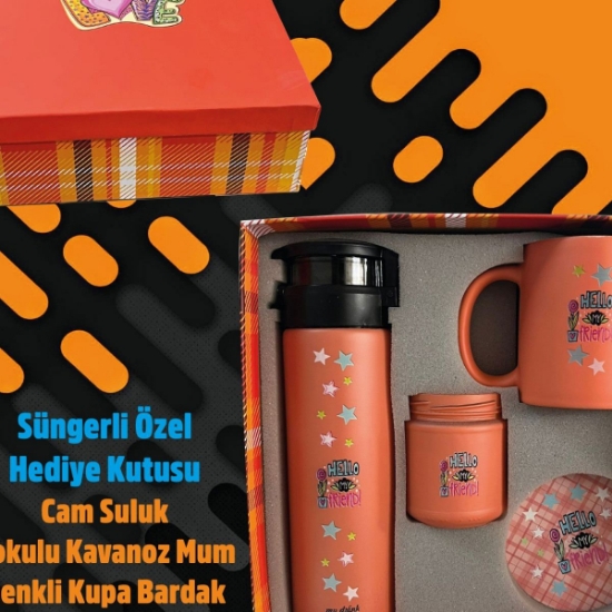 Sevdiklerinize Özel Kutulu Hediye Seti – Cam Suluk,  Kupa, Kokulu Mum, Bardak Altlığı