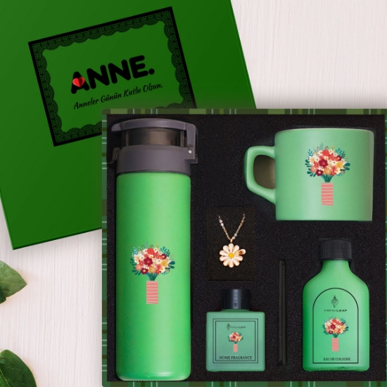 Anneler Gününe Özel Hediye Seti – Cam Suluk, Kahve Fincan, Kolye ve Kolonya - Yeşil resmi