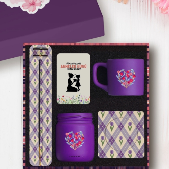 Anneler Gününe Özel Premium Mor Renkli Hediyesi – Fincan, Mum, Tütsü