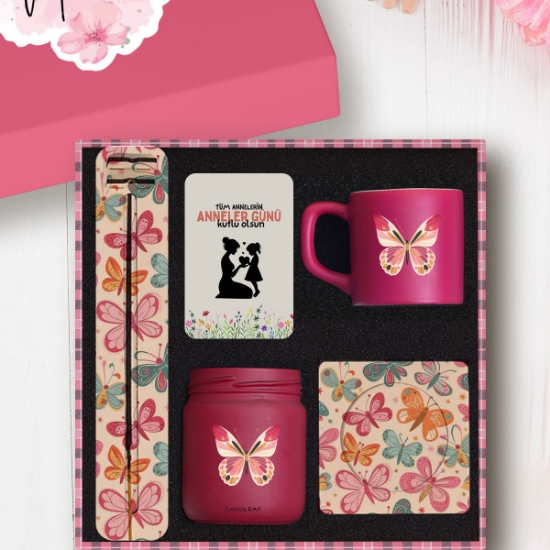Anneler Günü Hediye Kutusu – Fincan, Mum, Tütsü ve Magnet Seti - Fuşya