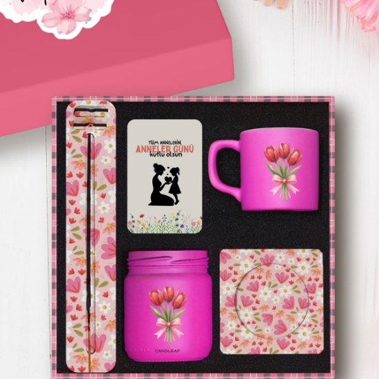 Anneler Gününe Özel Premium Hediye Seti – Fincan, Mum, Tütsü ve Tasarım Kutu - Pembe