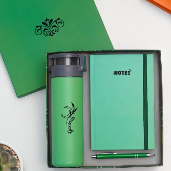 Kişiye Özel Cam Suluk, Defter Kalem Hediye Seti - Yeşil Premium Hediye Seti